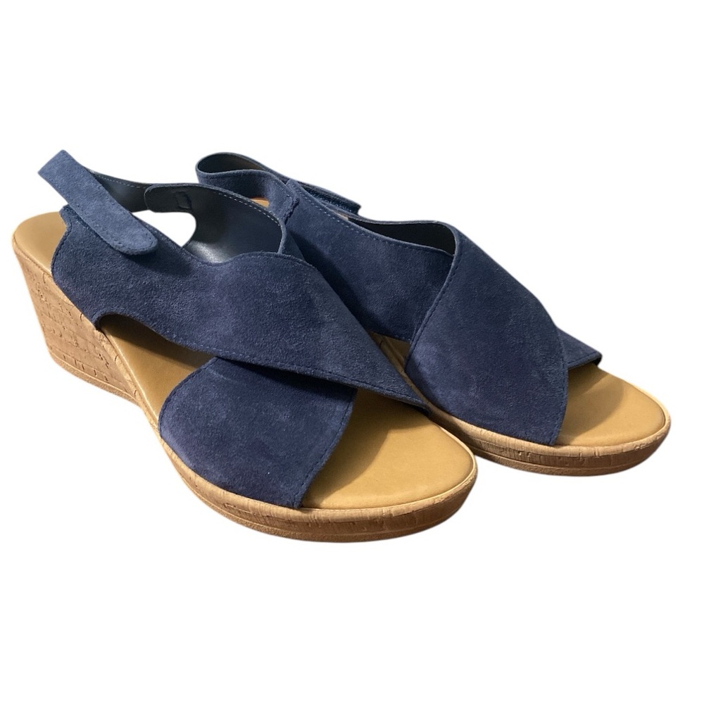 MILA PAOLI Navy Suede Leather Platform Wedge Sandals Crisscross Slingback 10